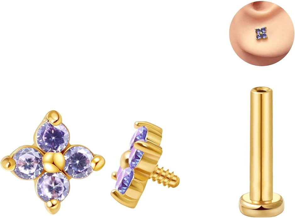 FANSING CZ Flower Internally Threaded Flat Back Earring Labret Stud for Cartilage Tragus Helix Conch