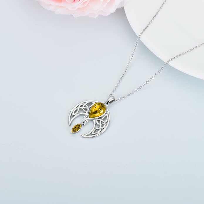 AOBOCO Sterling Silver Celtic Crescent Moon Goddess Pendant Irish Good Luck Necklace with Birthstone Crystal, Celtic Moon Jewelry Gift for Women Mom Wife