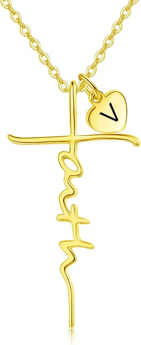 PRAYMOS Faith Cross Necklace for Women 925 Sterling Silver Pendant Necklace With Birthstone Initial Christian Religious Confirmation Baptism Mothers Day Gifts