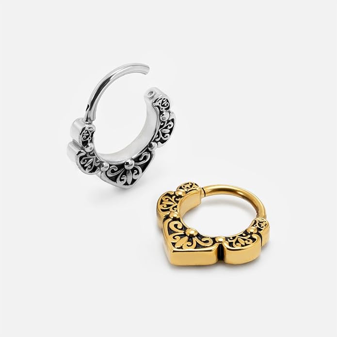 PUNKYOUTH 16G Titanium Septum Nose Ring Clicker Hoop 316L Surgical Steel Hinged Gothic Vintage Floral Style Earrings Piercing Jewelry for Nose Helix Rook Tragus 8mm Diameter