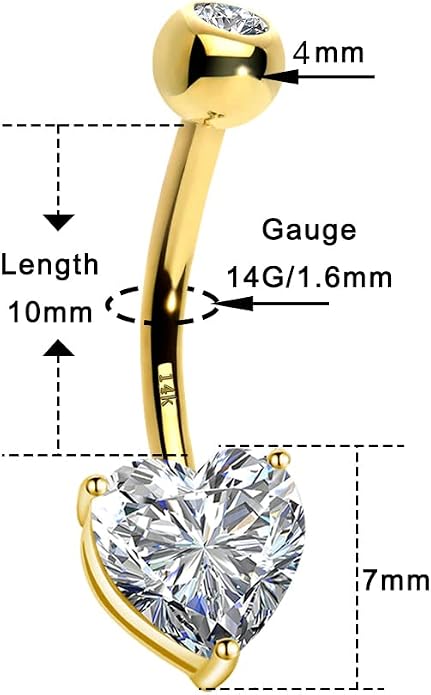 OUFER Belly Navel Rings - 14K Solid White Gold Heart Solitaire Cubic Zirconia Belly Button Rings