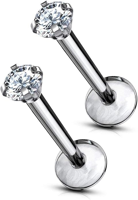 16 g Titanium Internally Threaded Tragus Piercing Jewelry CZ Top Flat Back Piercing Nose Studs Earring, Helix, Cartilage, Labret, Monroe for Women or Men