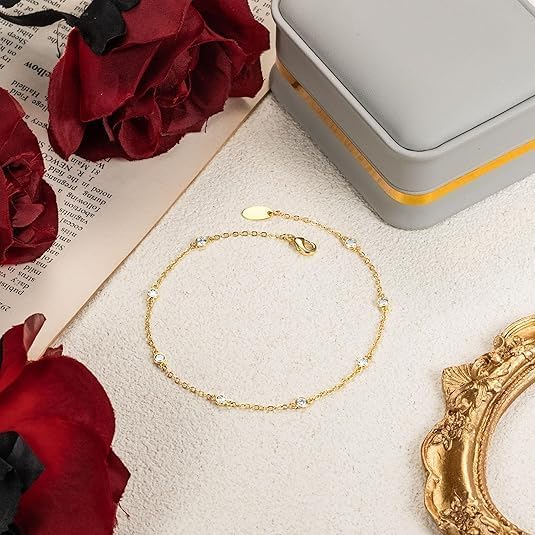 14K Gold Anklets for Women Non Tarnish 1/5 Carat Diamond Ankle Bracelet 14K Gold Ankle Bracelets for Women Waterproof Box Station Chain Design Jewelry for Women 9/10/11in