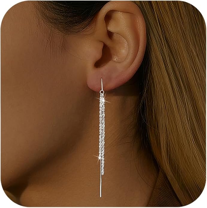 925 Sterling Silver Tassel Chain Dangle Earrings for Women Sparkling Long Fringe Dangle Drop Earrings Bling Line Minimalist Wedding Studs Earring Jewelry Birthday Christmas Gifts for Her