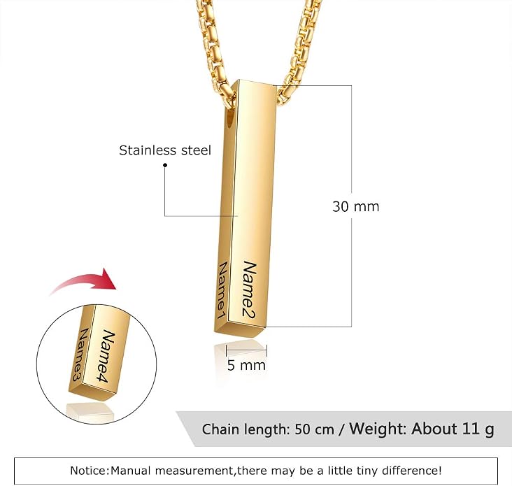Personalized Men's Name Bar Necklace Engraved Initial Name Stainless Steel Vertical Bar Necklace for Father Husband Boyfriend Birthday