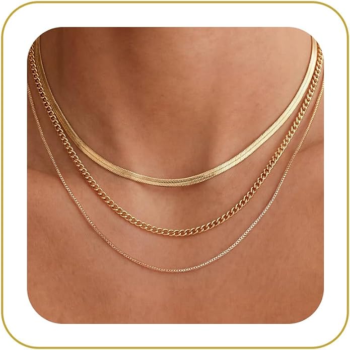 Tewiky Layered Necklaces for Women Non Tarnish- Chunky 14k Gold Plated Herringbone/Snake/Rope/Box/Cuban Link Chain for Women Waterproof Layering Stack Choker Necklace Trendy Dainty Tarnish Free Jewelry Set