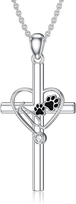 Birthstone Veterinary Stethoscope Necklace 925 Sterling Silver Nurse Vet Pendant with Dog Paw Nurse Jewelry Gifts for Veterinarian Nurse Women Veterinarian Gifts
