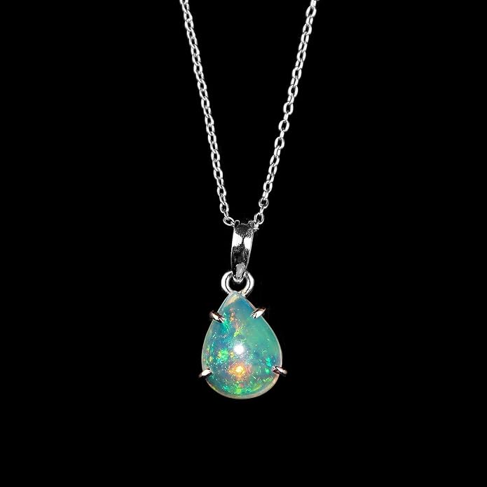 Natural Ethiopian Opal Silver Necklace For Women Dainty Cabochon Pendant, October Birthstone, Real Fire Play Pendants for Women, 925 S Adjustable 18 inch Chain, Mother's Day Jewelry Gift - Mom