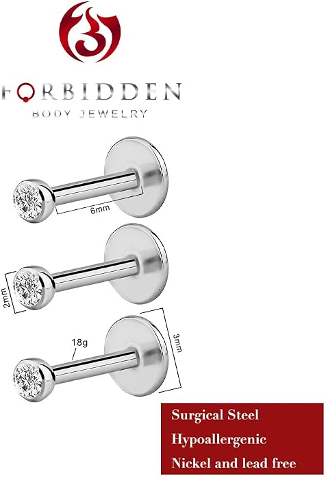 Forbidden Body Jewelry Surgical Steel Earrings Internally Threaded Micro CZ Gem Top Tragus/Helix/Labret Stud with 2mm Top 18G (4mm-10mm)