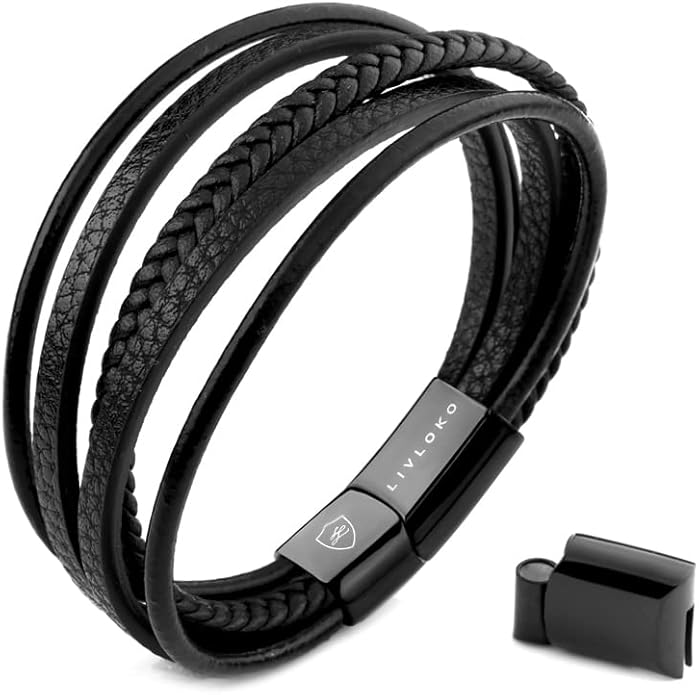 LONDON Mens Bracelet Leather Black Multi-Layer Stone Beads Adjustable Steel Clasp Viking Rope Bands Surfer Man Wristband Male UK Jewellery Gift box Boyfriend Dad Son Brother Tiger Eye