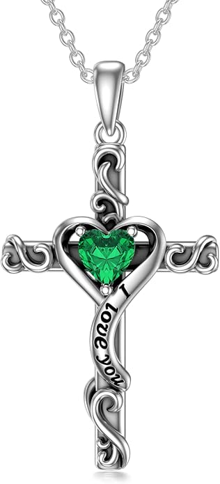 TOUPOP Cross Birthstone Necklace for Women 925 Sterling Silver Heart Cross Pendant I Love You Jewelry Anniversary Birthday Mothers Day Gifts for Mom Wife Her