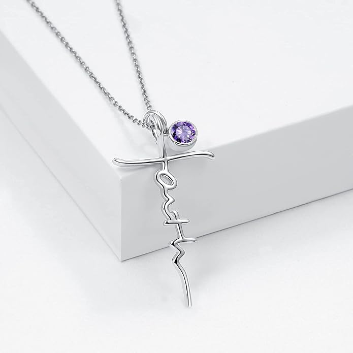 PRAYMOS Faith Cross Necklace for Women 925 Sterling Silver Pendant Necklace With Birthstone Initial Christian Religious Confirmation Baptism Mothers Day Gifts