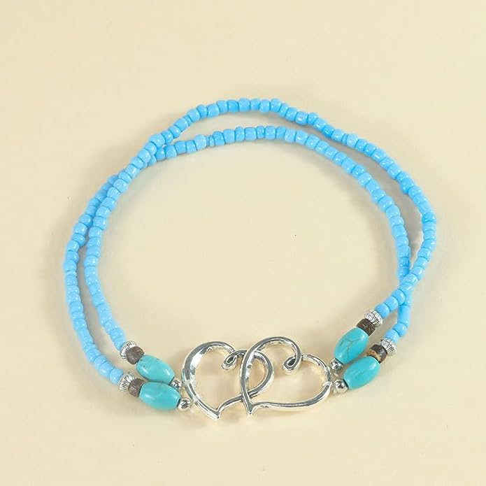 Elastic Beaded Ankle Bracelets for Women Double Heart Layered Stretch Ankle Bracelets Waterproof Dainty Boho Beaded Anklets for Summer Beach Foot Jewelry