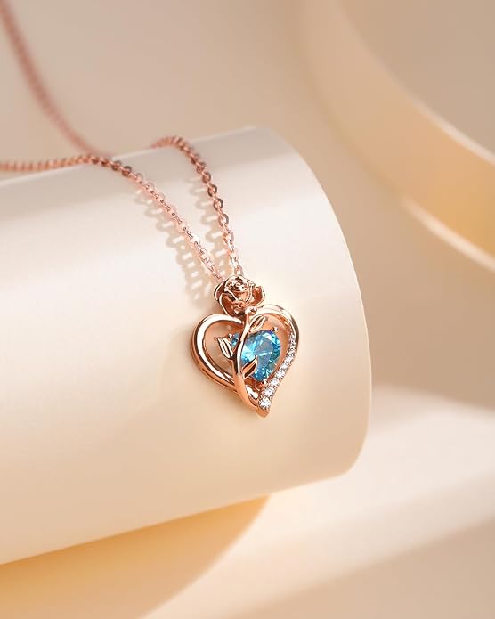 Anniversary Birthday Gifts for Women - Heart Birthstone Necklace: 925 Sterling Silver Rose/White/Yellow Gold Pendant Necklaces Gold Jewelry Gift for Wife Girlfriend Mom Daughter Grandma