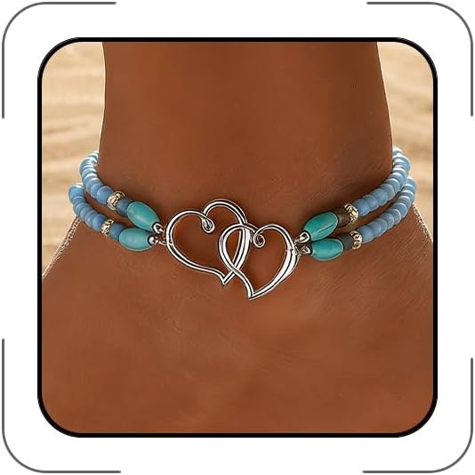 Elastic Beaded Ankle Bracelets for Women Double Heart Layered Stretch Ankle Bracelets Waterproof Dainty Boho Beaded Anklets for Summer Beach Foot Jewelry