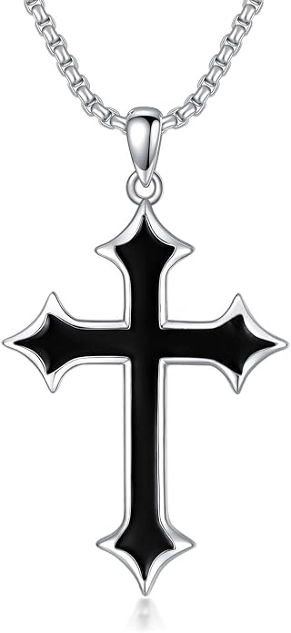 KXJ S925 Sterling Silver Black Cross/Best Dad/Baseball Bat/Silver Cross/Ankh Cross/Crucifix with 22+2 Inches Stainless Steel Rolo Chain Cross Necklace for Men Women Christian Religious Jewelry Gifts