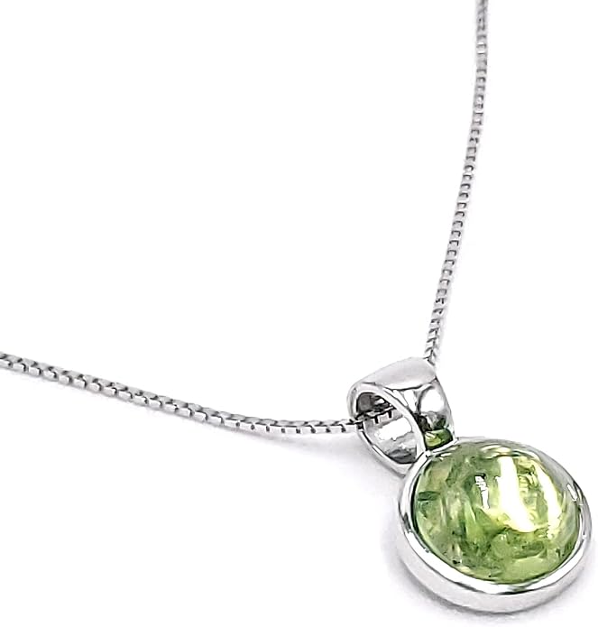 Natural gemstone 8mm round pendant with white gold over 925 sterling silver bezel cabochon plate and box chain, real genuine dainty birthstone gift for her, uniquelan jewelry