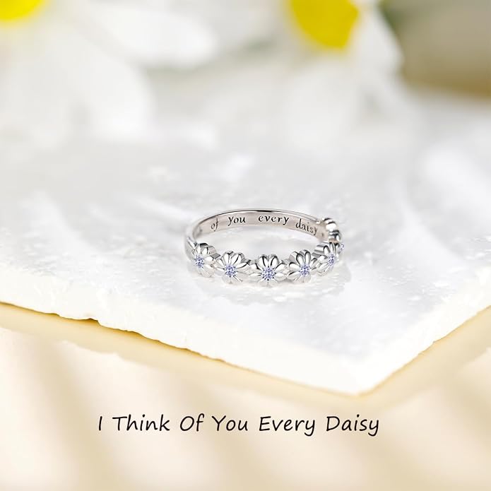 Dainty Daisy Ring for Women, S925 Sterling Silver Cubic Zirconia Sunflower Flower Ring For Daughter, I Think Of You Every Daisy Ring, Birthstone Flower Ring