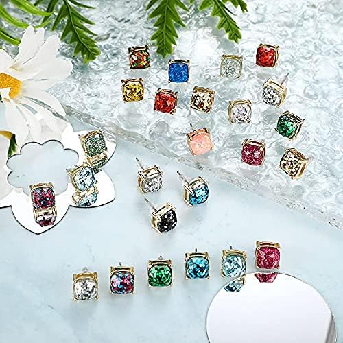 20 Pairs Druzy Stud Earrings for Women Glitter Stud Earring Princess Cut Cubic Zirconia Birthday Gifts for Women Mom Girlfriend(0.4 x 0.4 Inch,Square Style)