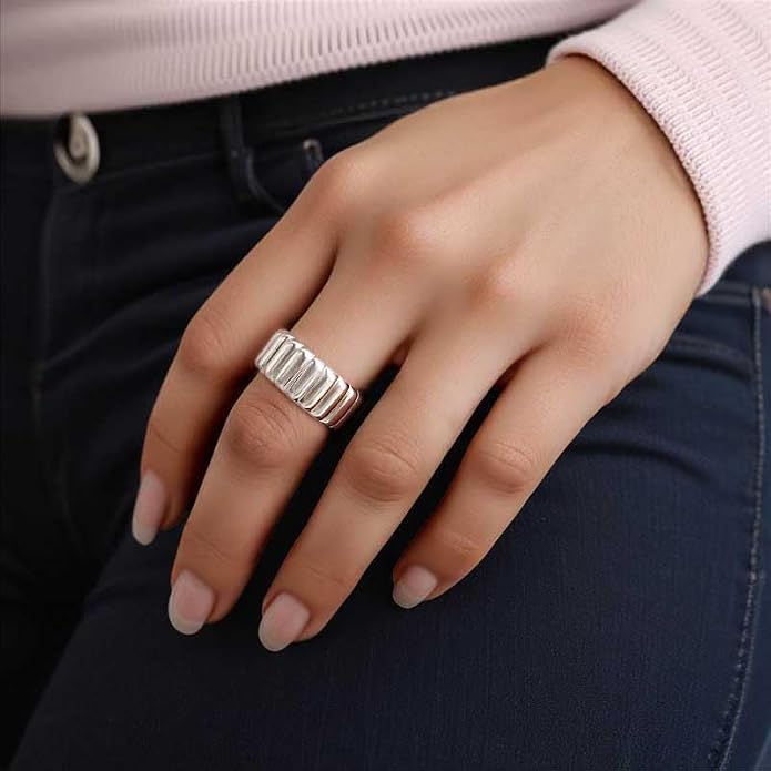 LeCalla 925 Sterling Silver Chunky Bold Signet Rings for Women and Men | Textured Twisted and Ribbed Statement Rings | Minimalist Texture Silver Ring Jewelry for Women & Men (Sizes 6-8 No.)