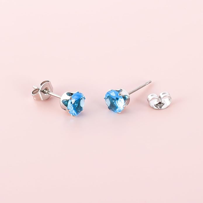 12 Pairs Surgical Stainless Steel Stud Earring Round Heart Star Square Cubic Zirconia Birthstone Stud Earrings Set for Women