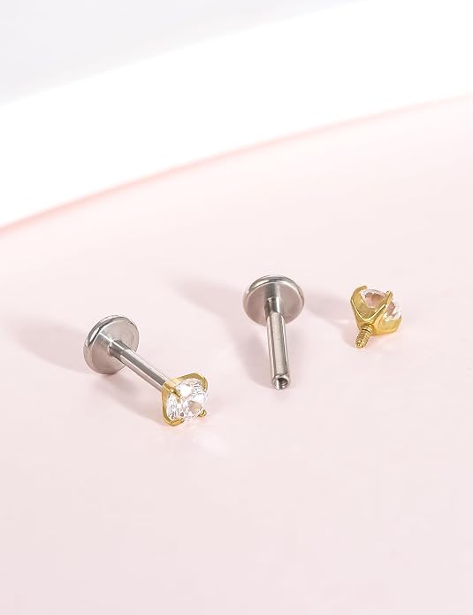 Limerencia 2Pcs 18g Titanium Internally Threaded Tragus Piercing Jewelry Nose Studs Flat Back Earrings Labret, Lip, Helix, Cartilage, Conch, Medusa Piercing for Women Men Sensitive Ears