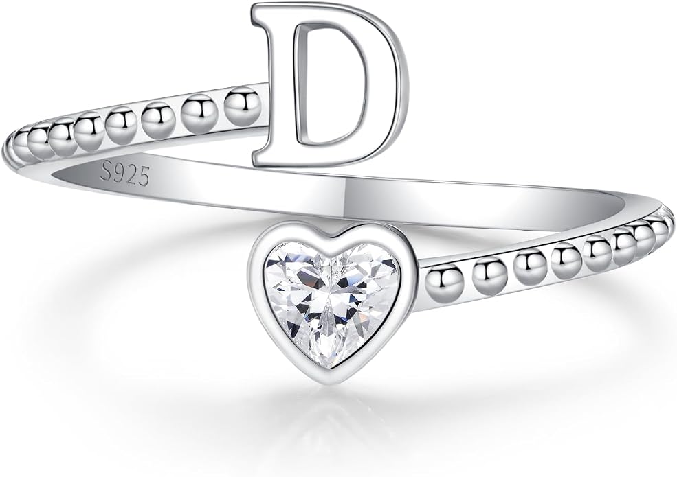 Step Forward 925 Sterling Silver Adjustable Initial Ring for Women | Non Tarnish Letter Rings for Lady | Alphabet Heart Thumb Rings | Capital Letter Jewelry Gifts