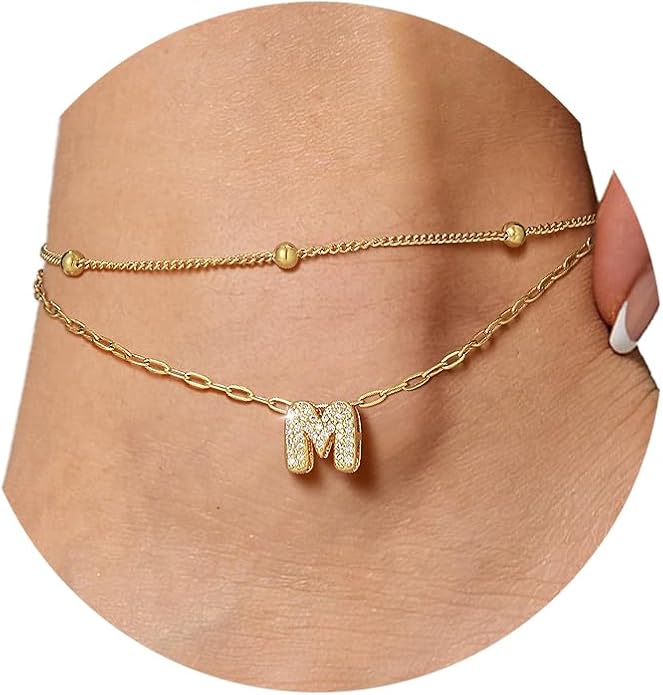FindChic Silver/14K Gold Plated Layered CZ Initial Ankle Bracelet for Women | Waterproof Stainless Steel, Cubic Zirconia Letter Charm, Non-Tarnish, Hypoallergenic, Adjustable Extender, Summer Jewelry