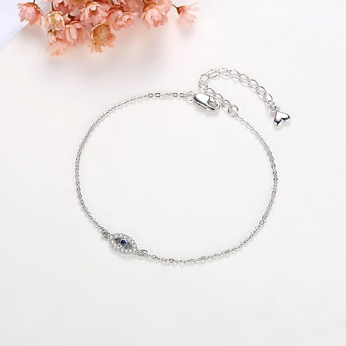 Hamsa Evil Eye Bracelet 925 Sterling Silver Cubic Zirconia Anklet for Women Chain Adjustable 6.3in+1.6in