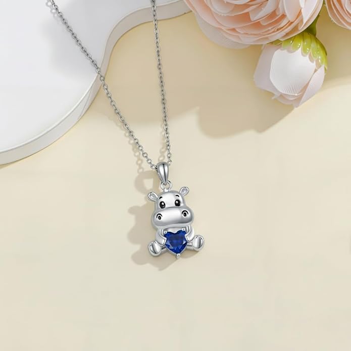PROESS Animal Birthstone Necklace 925 Sterling Silver Otter/Axolotl/Hippo/Elephant/Dachshund/Monkey/Red Panda Pendant Necklace Animal Birthstone Jewelry Gifts for Women
