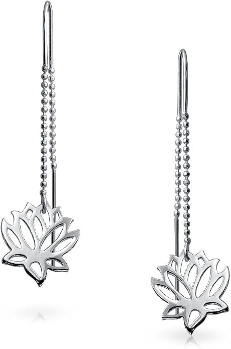 Bling Jewelry Spiritual Zen Lotus Flower Earrings .925 Sterling Silver Long Chain Threader Stabilizing U Hook