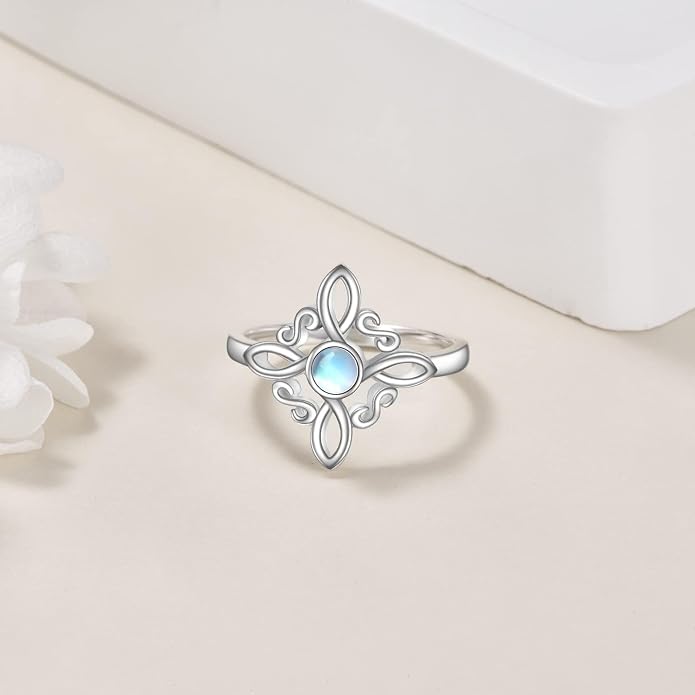 Witches Knot Rings 925 Sterling Silver Witch's Magical Knot Rings Black Onyx/Moonstone Pagan Jewelry Celtic Cross Jewelry for Women
