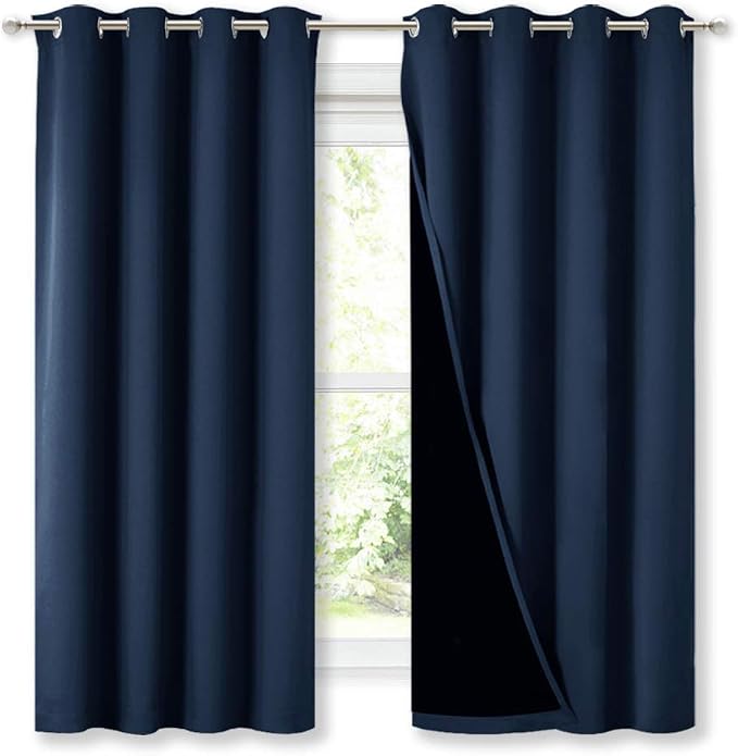 NICETOWN 100% Blackout Curtain Panels, Thermal Insulated Black Liner Curtains for Nursery Room, Noise Reducing and Cold Blocking Drapes for Windows (Navy Blue, Set of 2, 52-inch Wide by 63-inch Long)