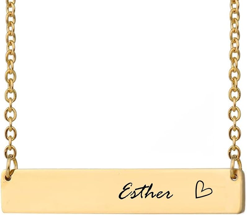 HUAN XUN Custom Bar Necklace Personalized Engraved Name Bar Necklace for Women Customized Stainless Steel Heart Pendant Bar Jewelry Gift for Her Mother Day Christmas