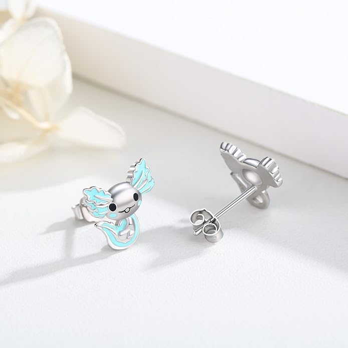 925 Sterling Silver Axolotl Earrings White Gold/Rose Gold Axolotl Jewelry for Women Girls Pink/Blue Axolotl Gifts