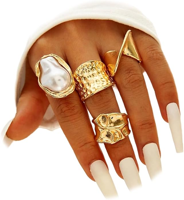 Chunky Gold Irregular Rings Stack Set for Women Statement Baroque Pearl Flower Stackable Knuckle Finger Ring Non Tarnish Boho Hammered Jewelry Gifts