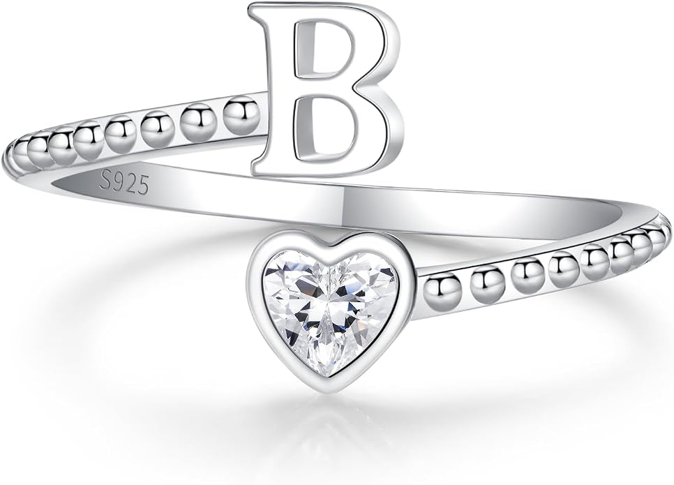 Step Forward 925 Sterling Silver Adjustable Initial Ring for Women | Non Tarnish Letter Rings for Lady | Alphabet Heart Thumb Rings | Capital Letter Jewelry Gifts
