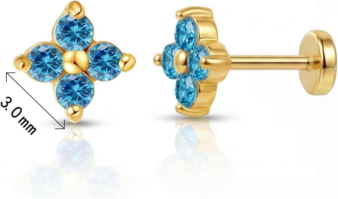 FANSING Short Threadless Cartilage Earring Stackable CZ Birthstone Flat Back Earrings for Women Small Stud Earrings for Tragus Helix Earlobe 18K Gold Plated ‌Rainbow 5.0mm
