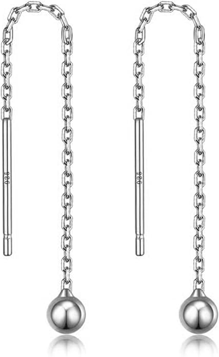 3 Pairs Threader Earrings 925 Sterling Silver Long Chain Earrings Bar/Ball Wrap Threader Drop Earrings for Women Lightweight Minimalist Mother's Day Jewelry Set