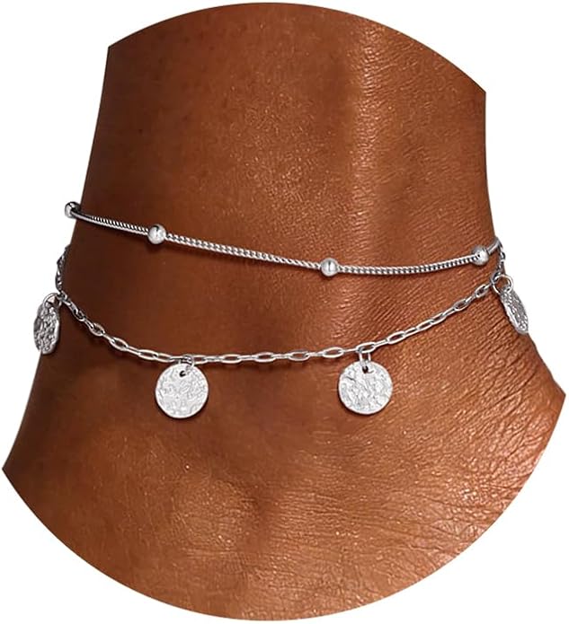 U7 Silver/Gold Ankle Bracelets for Women Layered Chain Anklets Stainless Steel Waterproof Summer Beach Anklet Cham, Adjustable 8.5"-10.5"