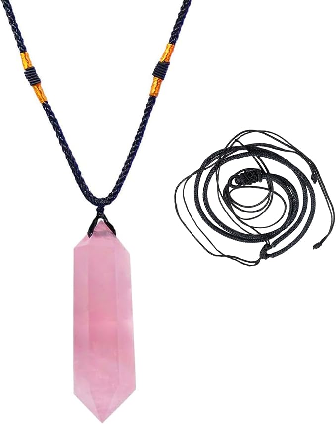 Runyangshi Rose Quartz Healing Crystal Pendants, Double Pointed Natural Crystal Quartz Necklace 6 Faceted Chakra Crystal Wand Stone