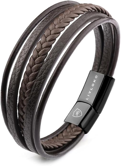 LONDON Mens Bracelet Leather Black Multi-Layer Stone Beads Adjustable Steel Clasp Viking Rope Bands Surfer Man Wristband Male UK Jewellery Gift box Boyfriend Dad Son Brother Tiger Eye