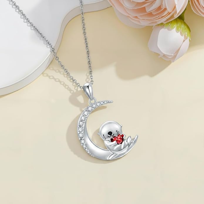 PROESS Animal Birthstone Necklace 925 Sterling Silver Otter/Axolotl/Hippo/Elephant/Dachshund/Monkey/Red Panda Pendant Necklace Animal Birthstone Jewelry Gifts for Women