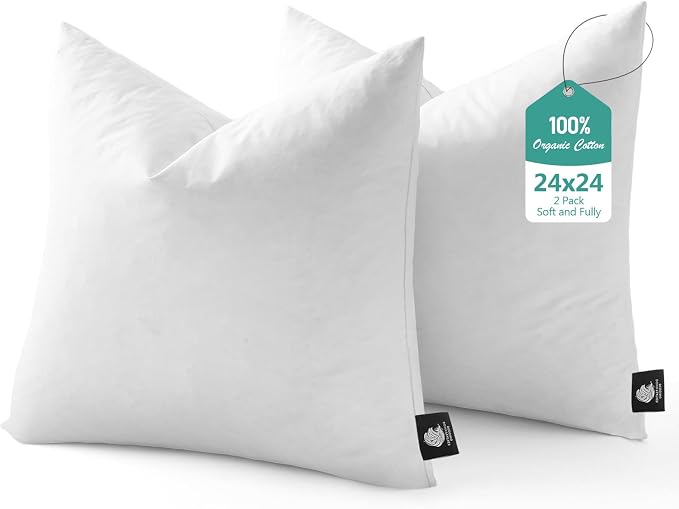 BPC Luxury Feather Down 24x24 Pillow Inserts Set of 2, Soft Fluffy Throw Pillow Inserts, 100% Organic Cotton Cover, Square Pillows for Couch, Living Room, Bed, Sofa