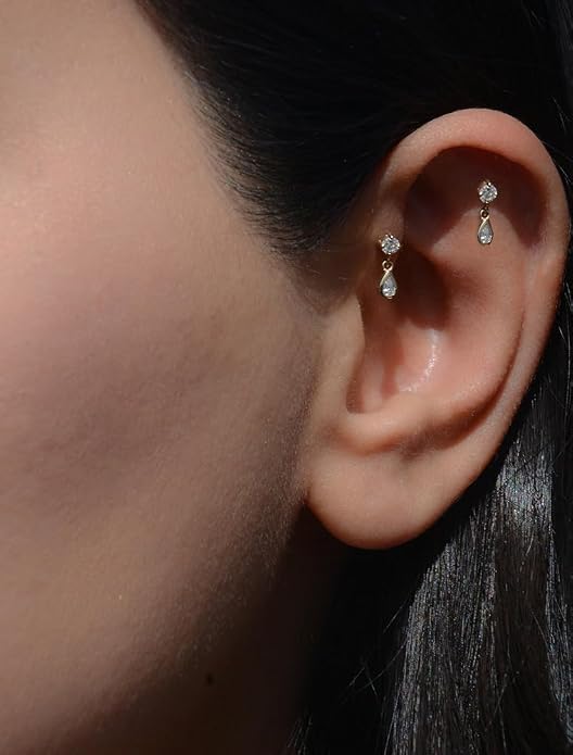 Sterling Silver 925 Flat Back Earring for Women 1PC 16G Helix Piercing Jewelry Dangle Cartilage Earring Internally Threaded Tragus Forward Conch Stud CZ Ear Ring 8mm Gifts