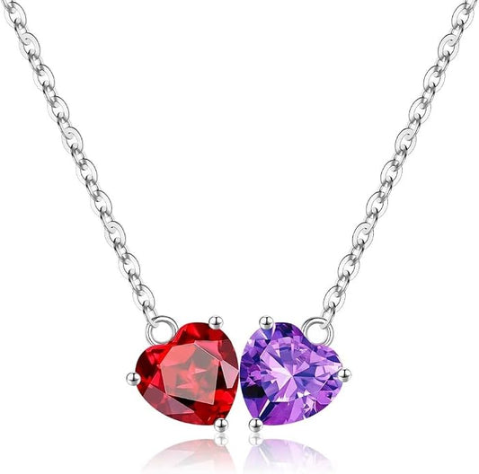 Iefil 1.25Ct Double Heart Birthstone Necklace - 925 Sterling Silver Birthstone Necklace, Birthday Gifts for Women, Jewelry Gifts for Mom Daughter Wife