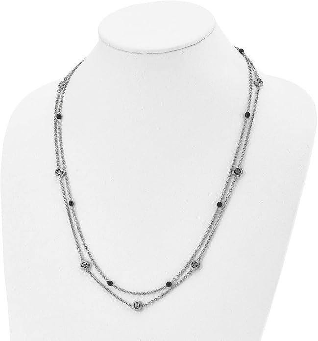 Solid Stainless Steel Black Onyx 2in Extension Layered Necklace Chain - with Secure Lobster Lock Clasp 23.75"