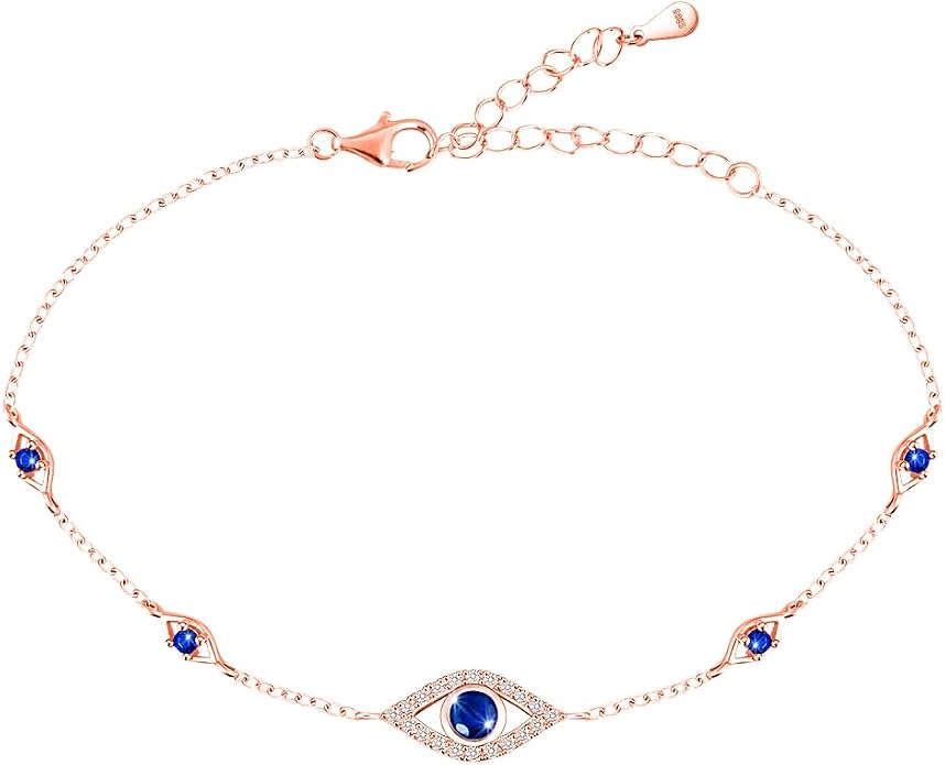 Blue Evil Eyes Link Bracelet, Evil Eye Earrings, S925 Sterling Silver Dainty Cubic Zirconia Adjustable Link Lobster Claw Clasp Chain Jewelry