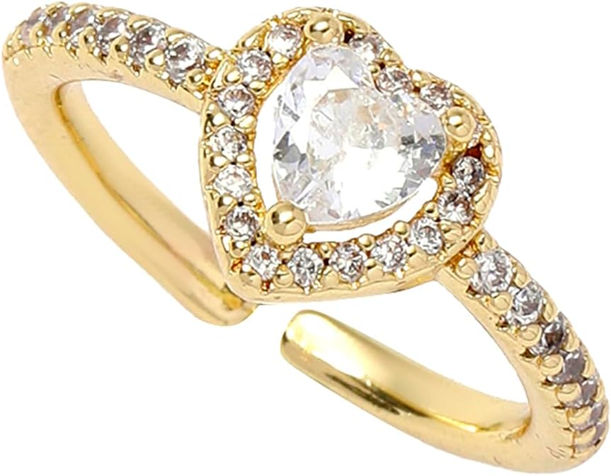 Gold Birthstone Rings for Women Non Tarnish 14k Gold Plated Dainty Heart Rings Adjustable Size Cubic Zirconia Ring Gold Simulated Gemstone Rings Birthday Gifts for Women