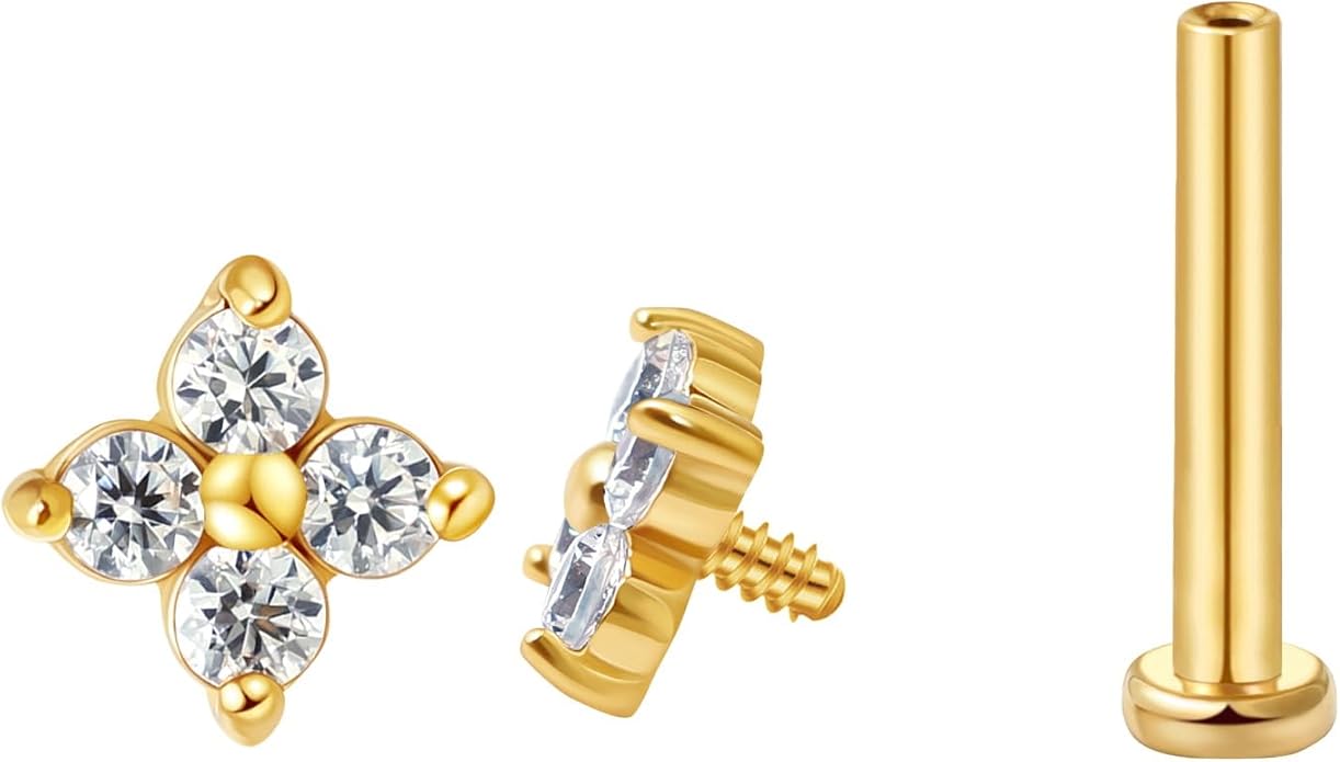 FANSING CZ Flower Internally Threaded Flat Back Earring Labret Stud for Cartilage Tragus Helix Conch